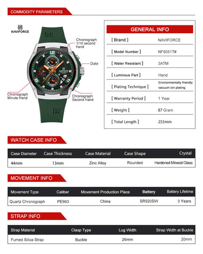 NAVIFORCE NF8051T Men's Chronograph Watch – Silver Case, Black Honeycomb Dial, Black Silicone Strap