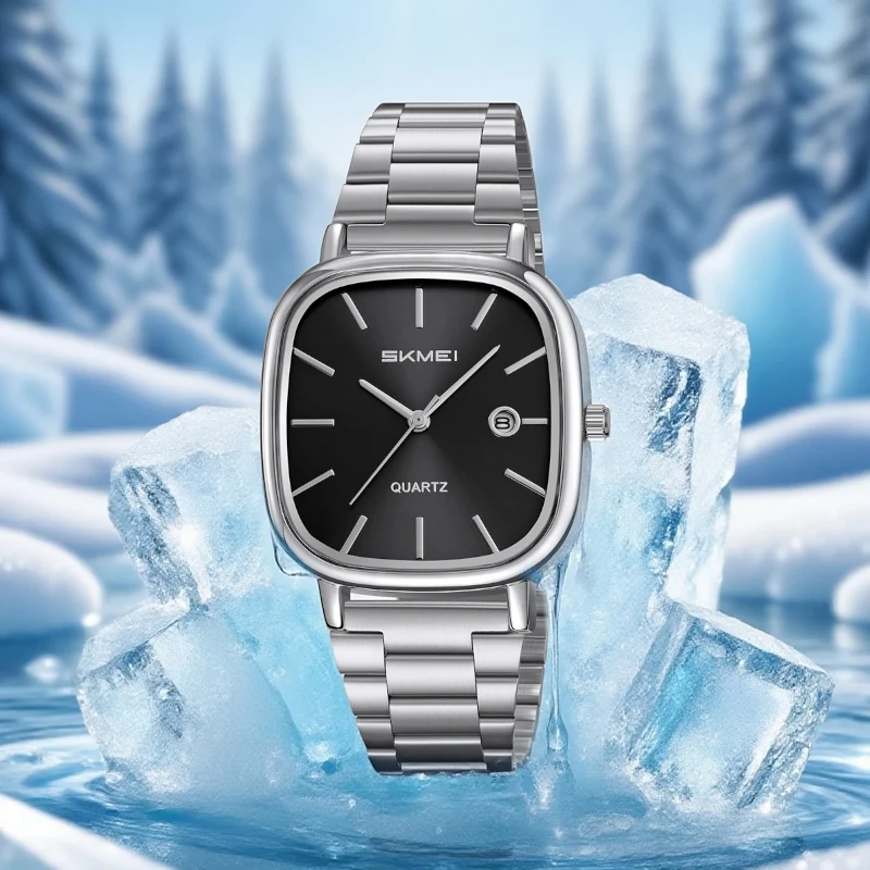 SKMEI Men's Square Watch – Black Dial, Silver Stainless Steel Bracelet, Date