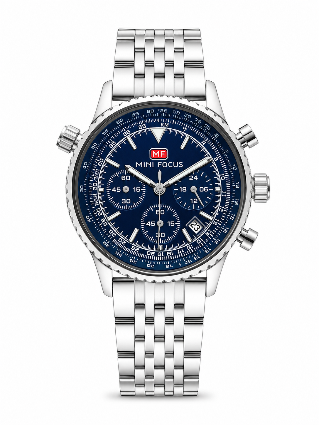 MINI FOCUS Men's Pilot Chronograph Watch – Silver Dial, Slide Rule, Stainless Steel Bracelet