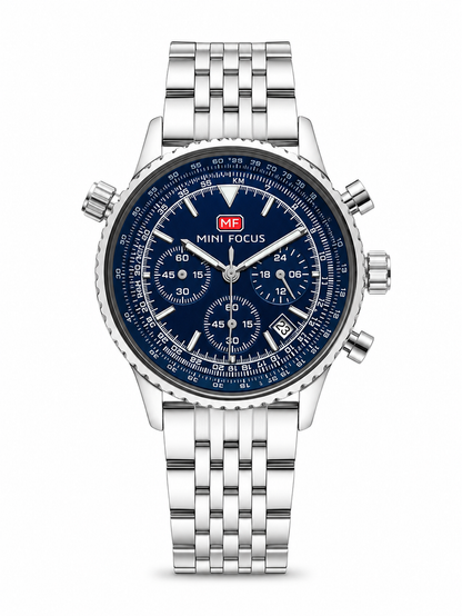 MINI FOCUS Men's Pilot Chronograph Watch – Silver Dial, Slide Rule, Stainless Steel Bracelet