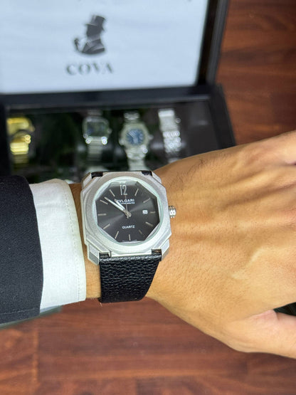Bvlgari Style Watch – Black Dial, Stainless Steel Case, Black Leather Strap