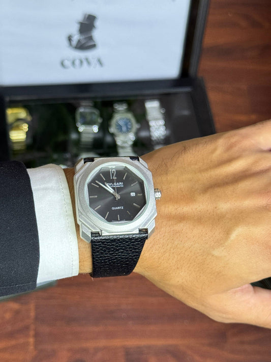 Bvlgari Style Watch – Black Dial, Stainless Steel Case, Black Leather Strap