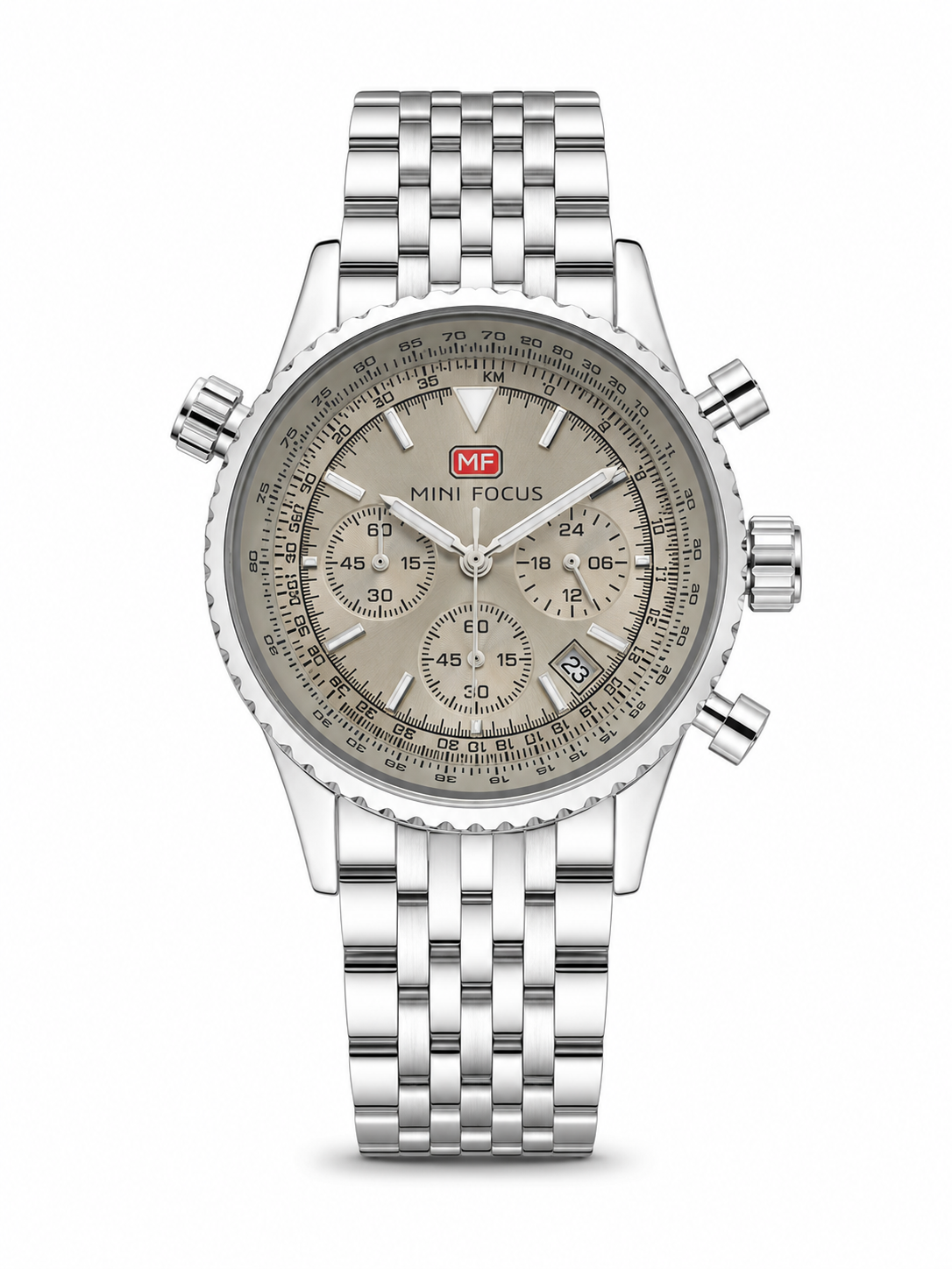 MINI FOCUS Men's Pilot Chronograph Watch – Silver Dial, Slide Rule, Stainless Steel Bracelet