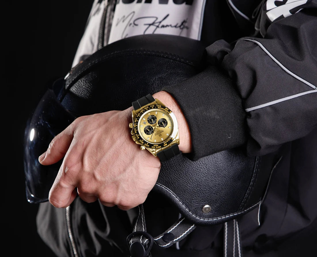 NAVIFORCE NF8054 G/G/B Men
Watch – Gold Case, Black Tachymeter Bezel, Black Silicone Strap