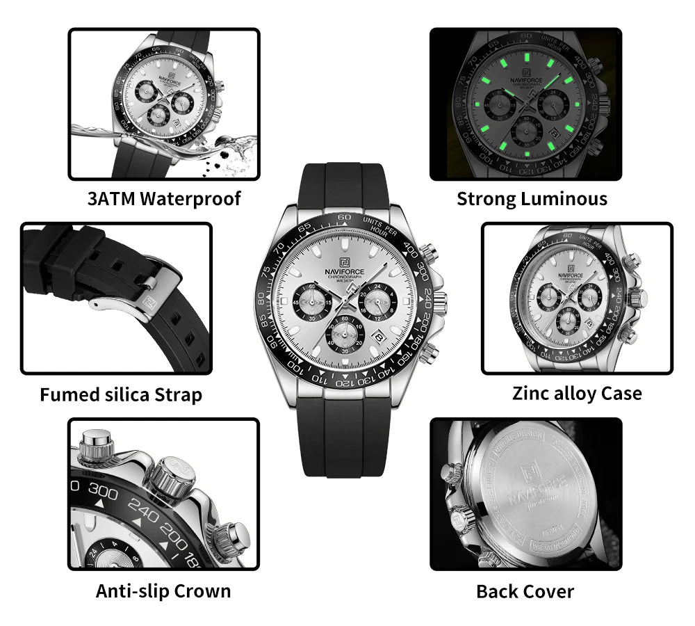 NAVIFORCE NF8054 G/G/B Men
Watch – Gold Case, Black Tachymeter Bezel, Black Silicone Strap
