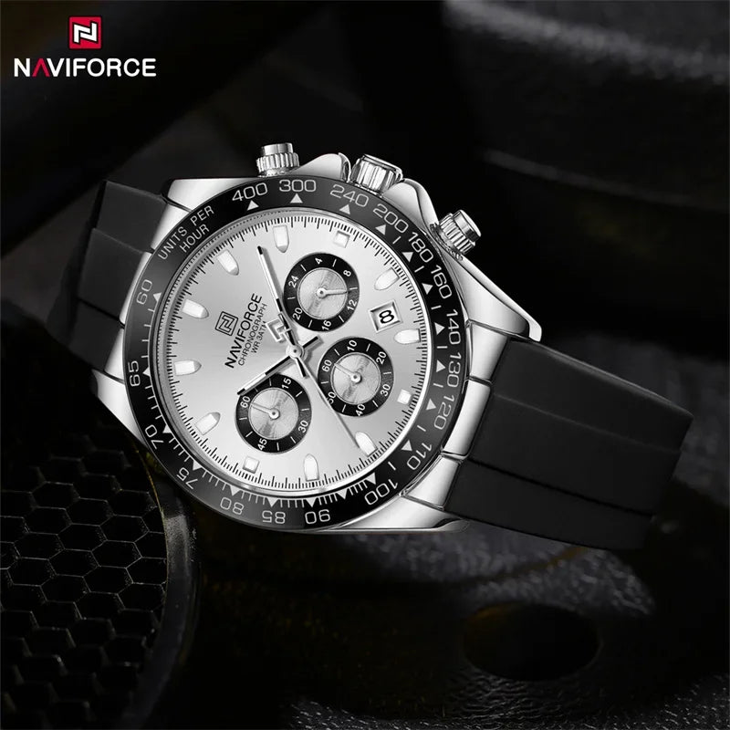 NAVIFORCE Original Men's NF8054 S/W/B -Watch Chronograph Watch – Silver Panda Dial, Black Tachymeter Bezel