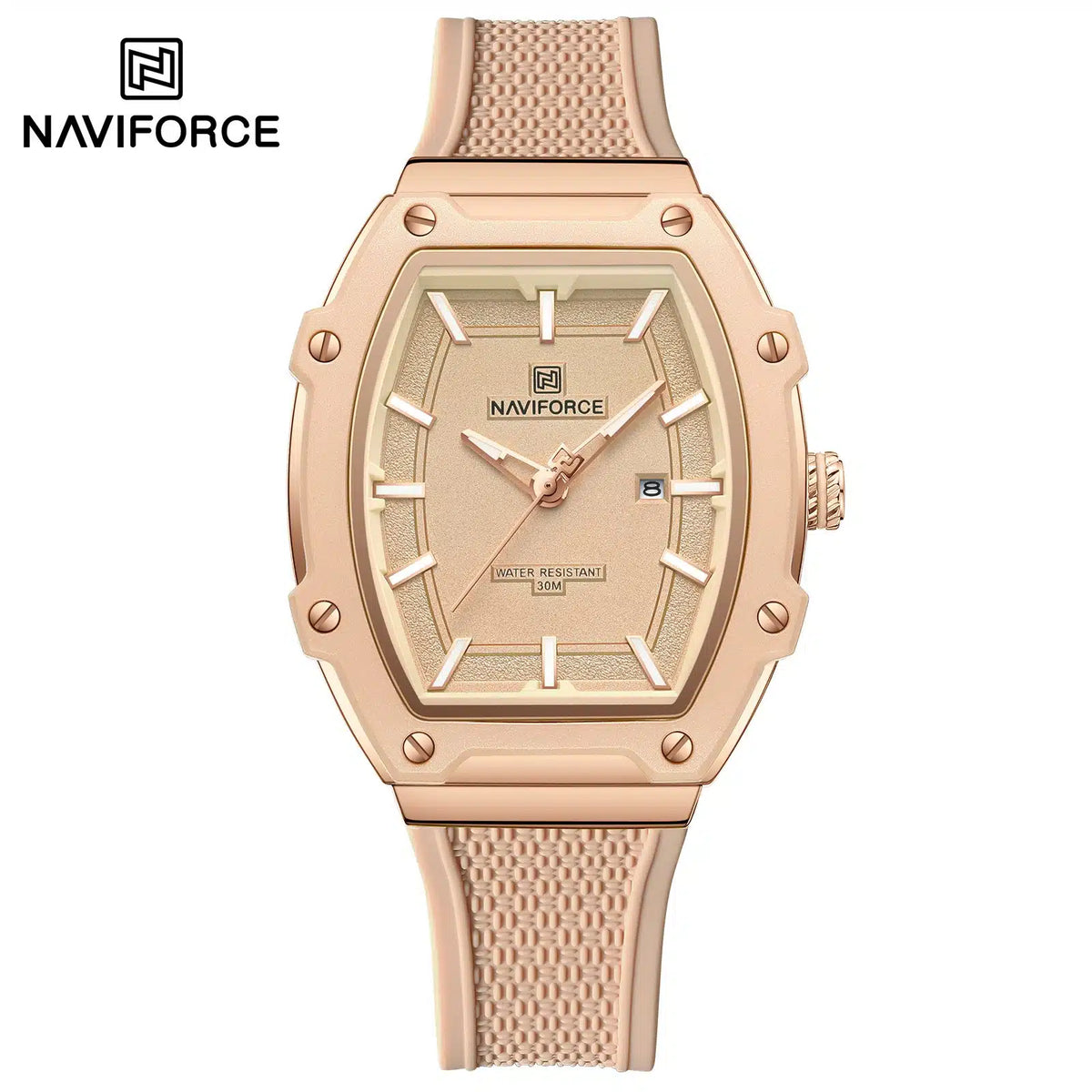 ساعة NAVIFORCE NF8069 حريمي بيج روز جولد بسوار سيليكون وتاريخ - NAVIFORCE women's beige rose gold tonneau watch