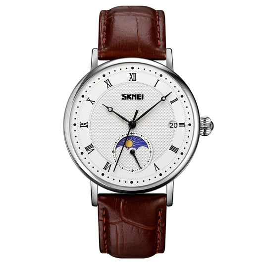 SKMEI Moon Phase Watch for Men – Roman Numeral Leather Quartz Watch