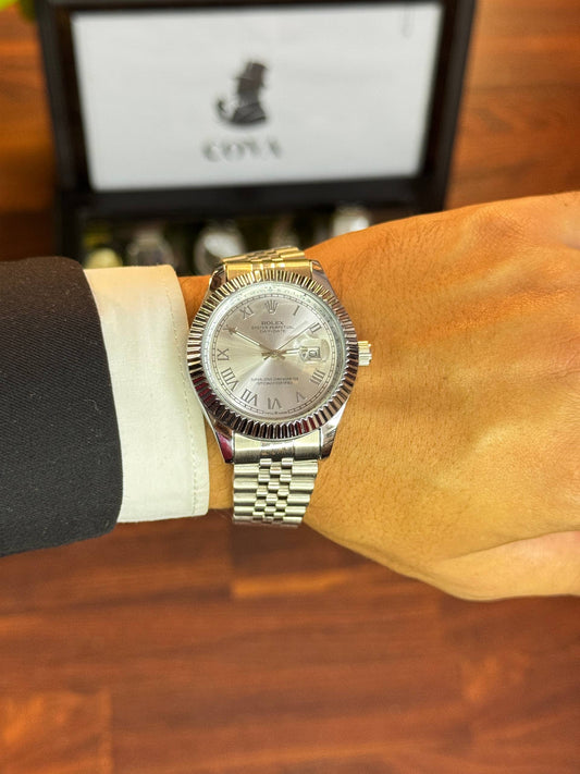 Rolex Date-Just Style Watch – Silver Arabic Dial, Jubilee-Style Stainless Steel (40–41mm)