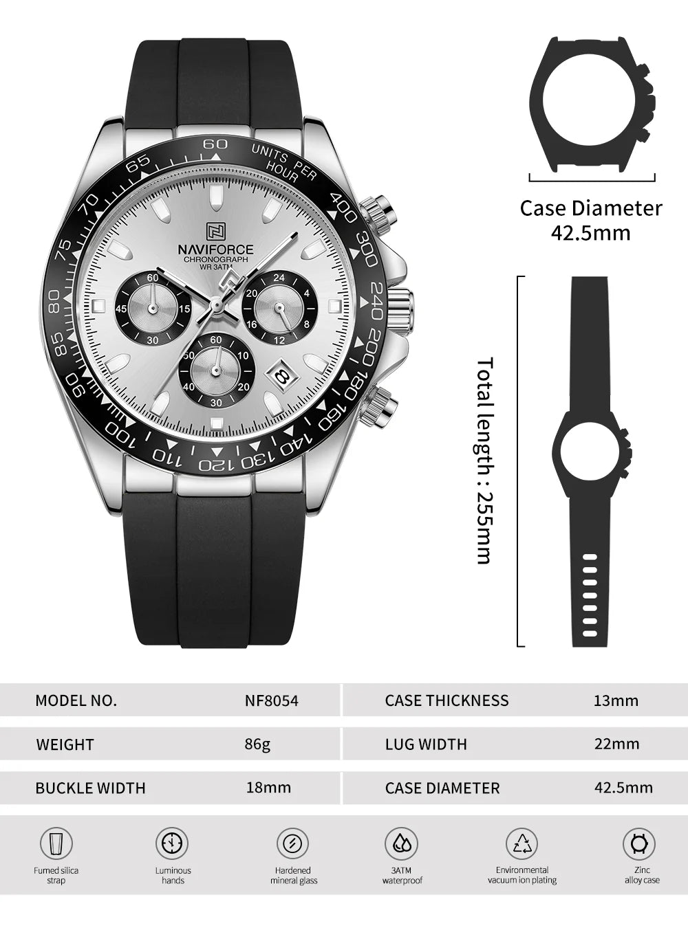 NAVIFORCE NF8054 G/G/B Men
Watch – Gold Case, Black Tachymeter Bezel, Black Silicone Strap