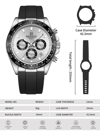 NAVIFORCE NF8054 G/G/B Men
Watch – Gold Case, Black Tachymeter Bezel, Black Silicone Strap