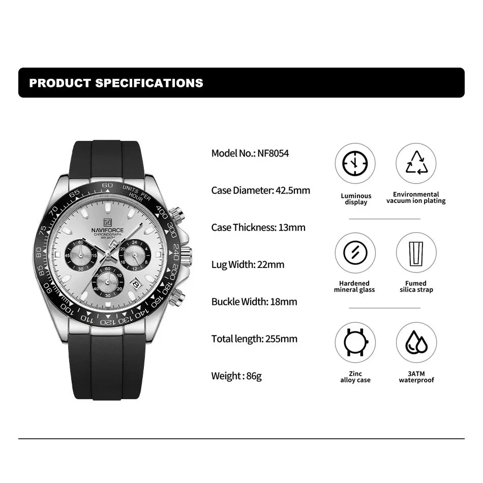 NAVIFORCE Original Men's NF8054 S/W/B -Watch Chronograph Watch – Silver Panda Dial, Black Tachymeter Bezel