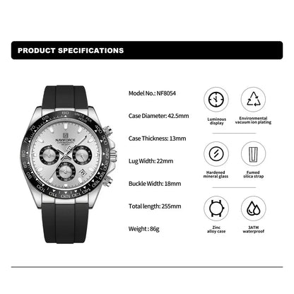 NAVIFORCE Original Men's NF8054 S/W/B -Watch Chronograph Watch – Silver Panda Dial, Black Tachymeter Bezel