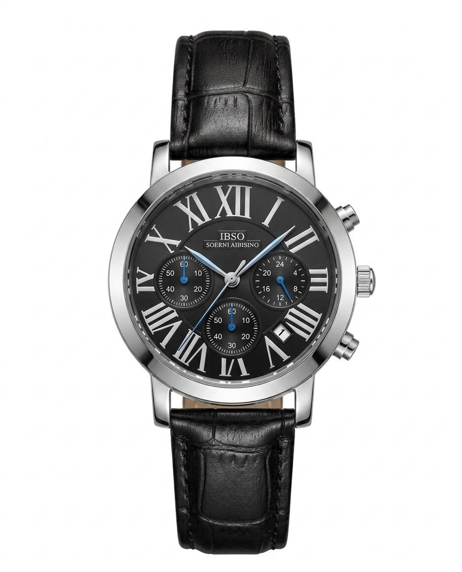 IBSO Men's Chronograph Watch – Black Roman Dial Leather Strap
