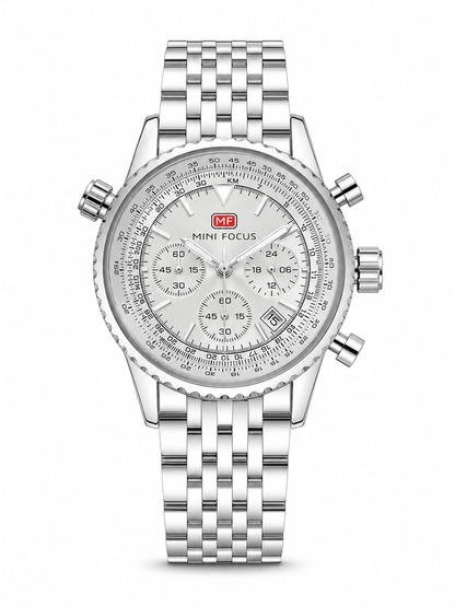 MINI FOCUS Men's Pilot Chronograph Watch – Silver Dial, Slide Rule, Stainless Steel Bracelet