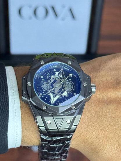 Hublot Style Watch – Blue Dial, Stainless Steel Case, Black Leather Strap