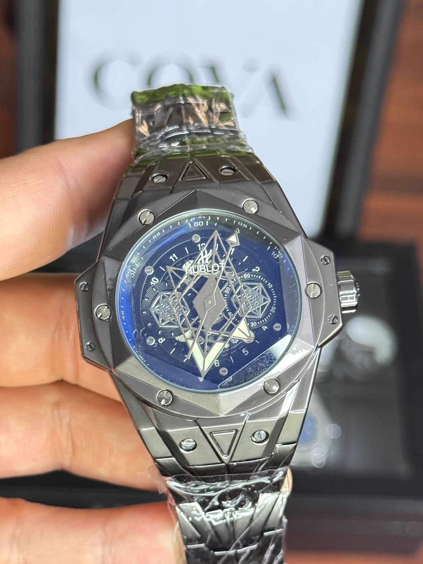 Hublot Style Watch – Blue Dial, Stainless Steel Case, Black Leather Strap