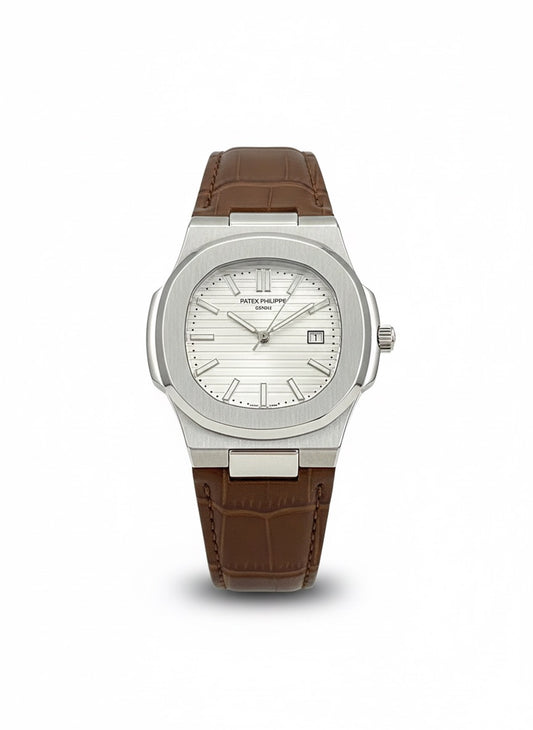 Patek Philippe Style Watch – Silver Dial, Stainless Steel Case, Brown Leather Strap