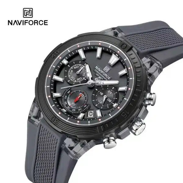 NAVIFORCE Original Men's Chronograph Watch – Grey Dial, Transparent Grey Case, Grey Silicone Strap