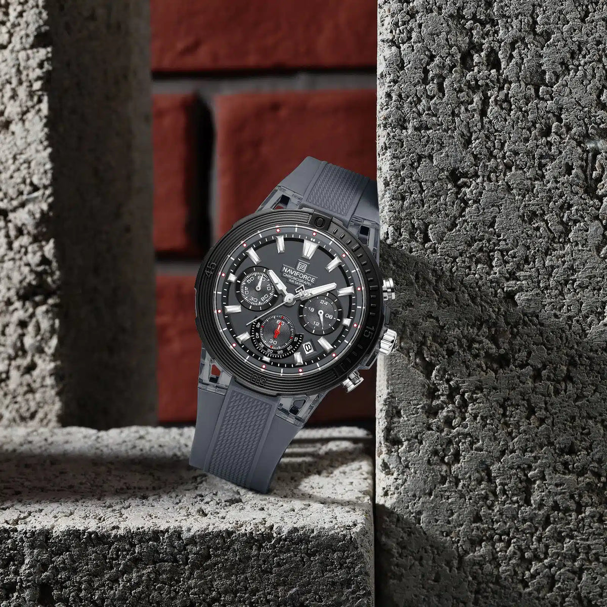 NAVIFORCE Original Men's Chronograph Watch – Grey Dial, Transparent Grey Case, Grey Silicone Strap