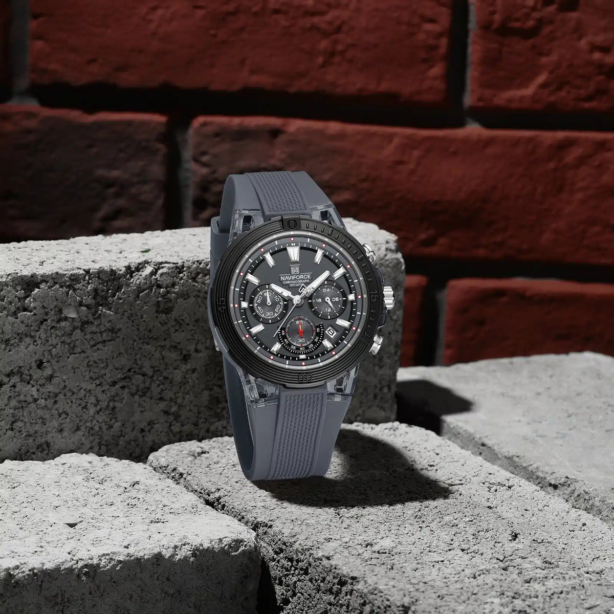 NAVIFORCE Original Men's Chronograph Watch – Grey Dial, Transparent Grey Case, Grey Silicone Strap