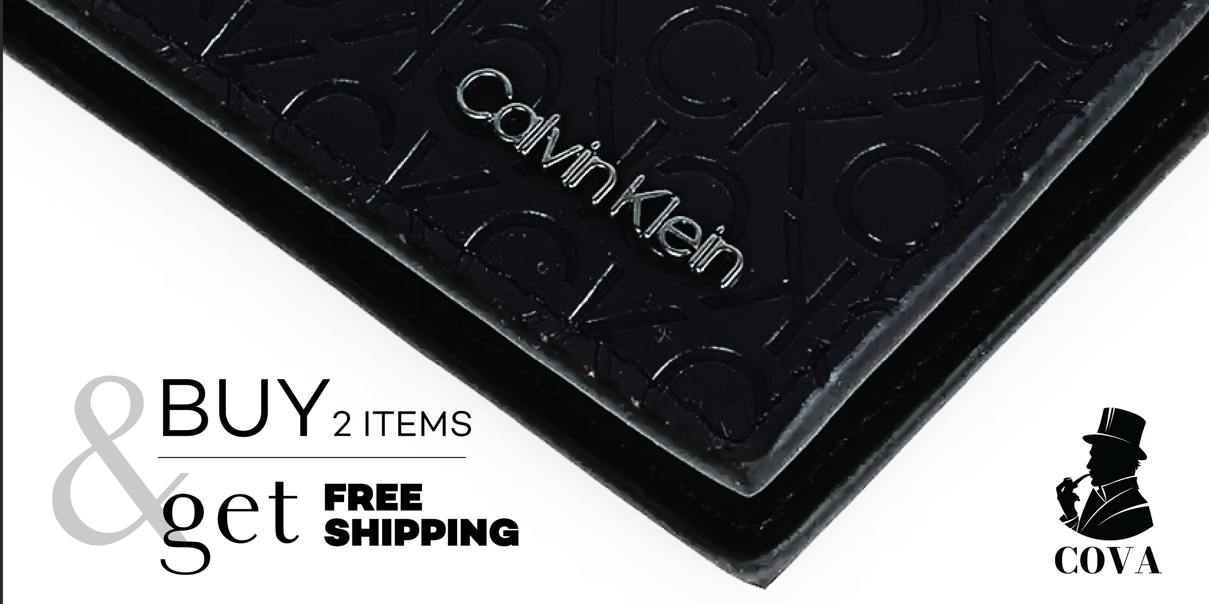Black textured mat with Calvin Klein branding and promotional text on a white background