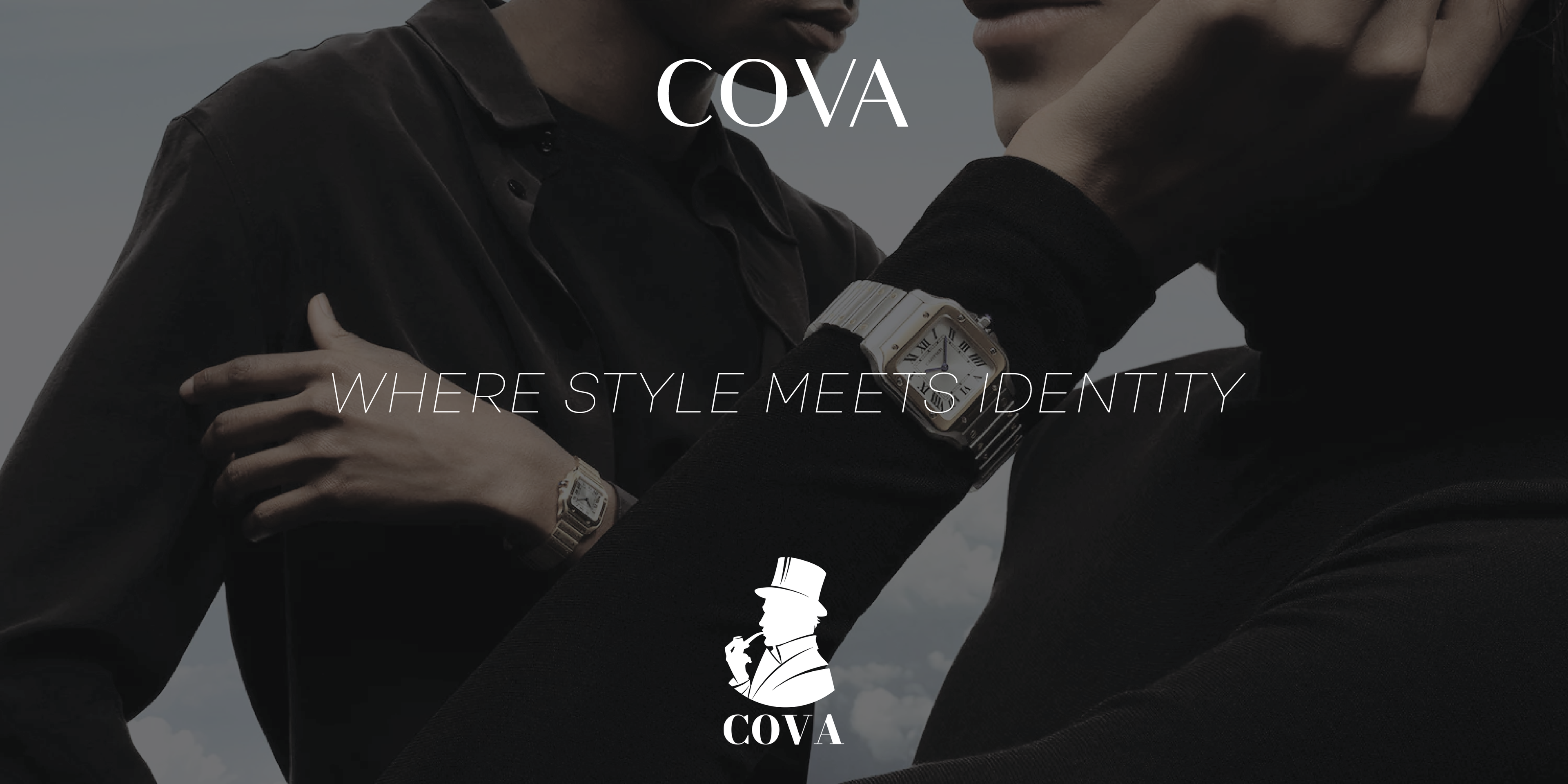 Person wearing a black suit with a watch, featuring the Cova brand logo and text.